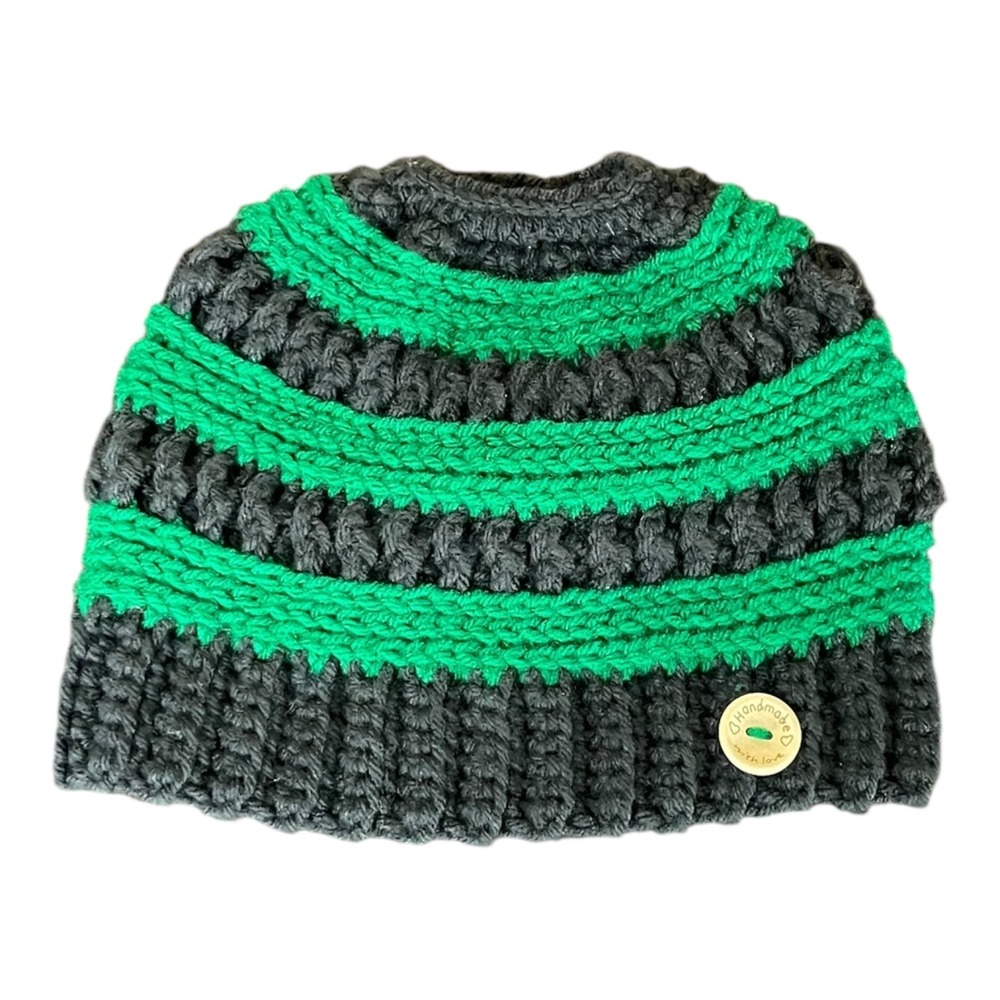 Handmade Crochet Messy Bun Beanie Gray Green‎ Striped Ponytail Hat Gift